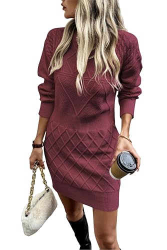 Theenkoln Damen Elegant Winterkleid Pulloverkleid Gerippt Herbstkleid Rundhals Strickkleid Pullikleid Freizeitkleid Wein...