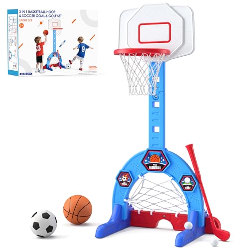 Image of HYES Toddler Basketball Hoop, 3-in-1 Sports Activity Center with Soccer Goal, Golf Game, 5 Height Adjustable Kids Basketball Hoop, Indoor Outdoor Playset Toys Gifts for Boys Girls 3-5, Blue