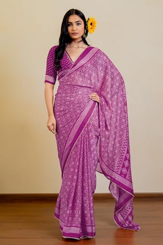 Image of MIRCHI FASHION Women Saree Leheriya Print Chiffon | Lightweight Traditional Sari for Farewell and Wedding Ceremonies with Unstitched Blouse Piece