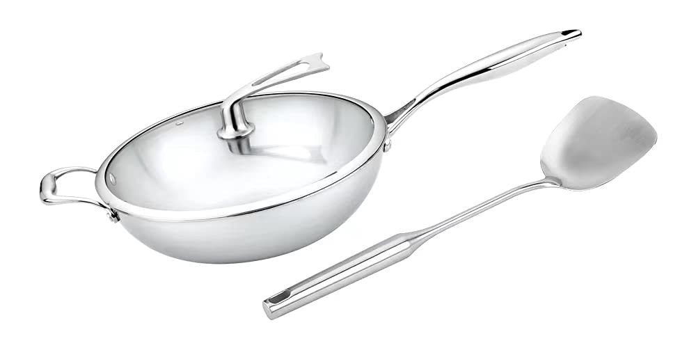 UNIVERSE LIGHTS Non Stick-Coating Japanese Stainless Steel Wok Cookware with Lid Cook for Frying