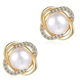 Yolev Pearl Stud Earrings for Women Gold Knot Pearl and Diamond Earrings Cute Elegant Small Pearls Earrings 18K Gold Plated Sterling Silver Post with two earplugs for Bridal Wedding Prom Jewelry Gift