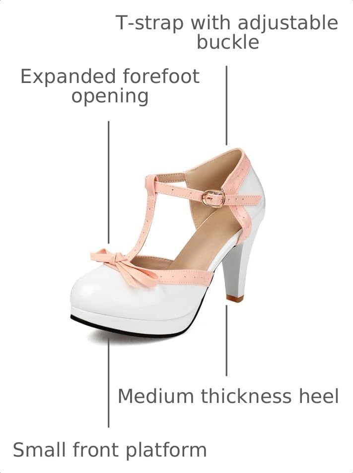 Image of ForeMode Fashion Women T-Strap High Heels Bow Platform Round Toe Pumps Leather Summer Sweet Shoes