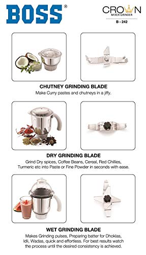 Boss Crown Wet & Dry Mixer Grinder Powerful 750W With 3 Stainless Steel Jars, 110V For Usa #TOP3