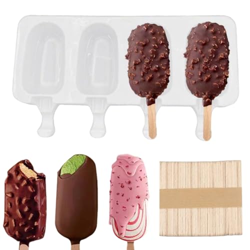 Molde Helado Silicona,Molde Helado Con 50 Palos Madera,Moldes Paletas Chocolate,Molde Barra Helado,para Helados DIY Niños, para Chocolate Postre congelado