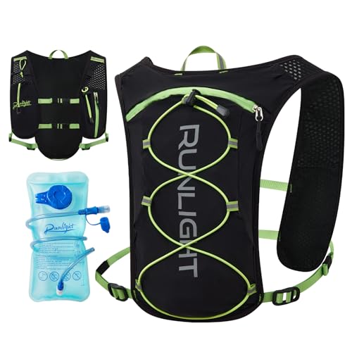 Runlight Running Vest for Women Men Lightweight Hydration Backpack Pack with 1.5L Water Bladder Bag Hydro Daypack for Hiking,Trail,Skiing,Camping,Cycling,Race,Marathon (Black Green, One Size)