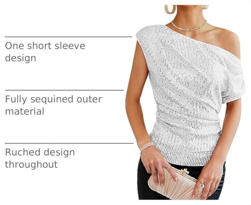 Image of GRACE KARIN One Shoulder Sequin Sparkly Tops for Women Ruched Asymmetrical Glitter Tops Slimming Sparkle Party Shirts