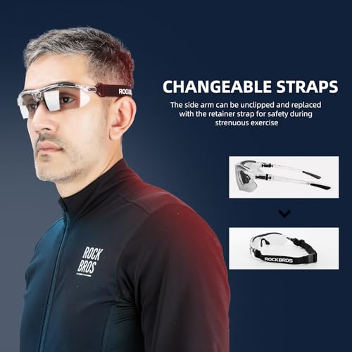 Image of ROCKBROS Photochromic Sports Sunglasses Mens Pickleball Glasses Cycling Glasses MTB Sunglasses, with Removable Elasctic Band