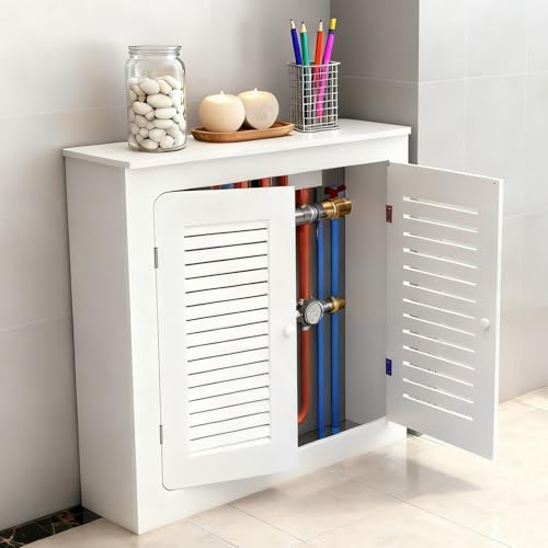 Moderna cubierta blanca para radiador con 2 puertas, protector de calentador de madera independiente y estante de almacenamiento para el hogar, oficina y baño, elegante armario de suelo (60 cm de