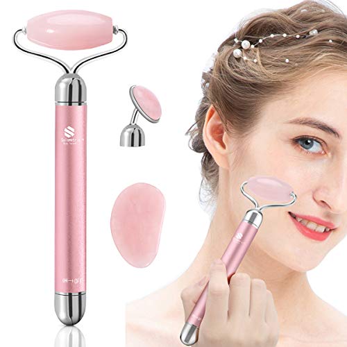 Jade Gua Sha Facial Tool Rose Quartz Face Massage Roller, 3-In-1 Face Massager Stone Kit, for Eyes, Neck,Body,Arm, Nose, Forehead, Cheek,Anti Aging,Anti Wrinkles,Face Lift -Rose Gold