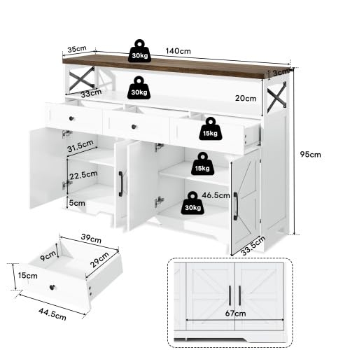 Credenza 140 cm, bianco marrone, credenza con 3 cassetti e 2 ante | Credenza in stile rustico con ante decorative a forma di X, 3 cassetti e 2 armadi, robusto MDF, molto spazio