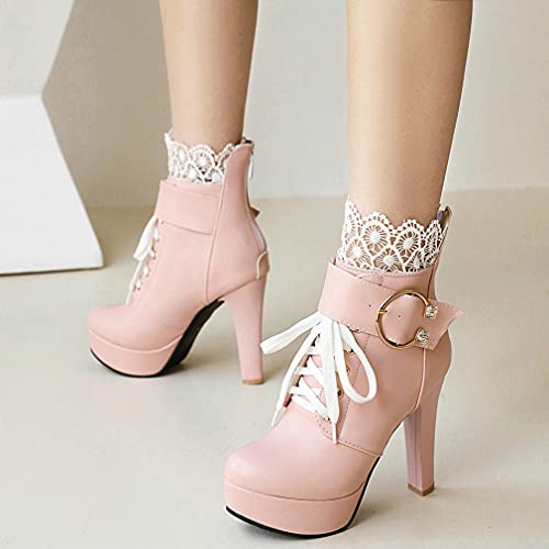 Parisuit Womens Chunky Platform Ankle Boots High Heel Lace Up Boots Sweet Lace Back Zipper Shoes2