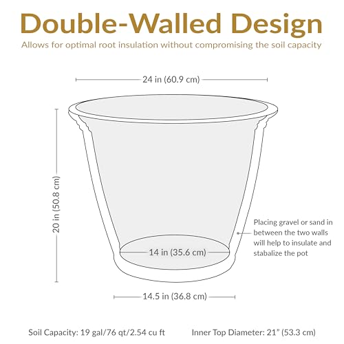 Sunnydaze 24-Inch Anjelica Large Plastic Pot for Plants - Double-Walled Outdoor Polyresin Round Planter with Drillable Drainage Holes - Sable - 4pk