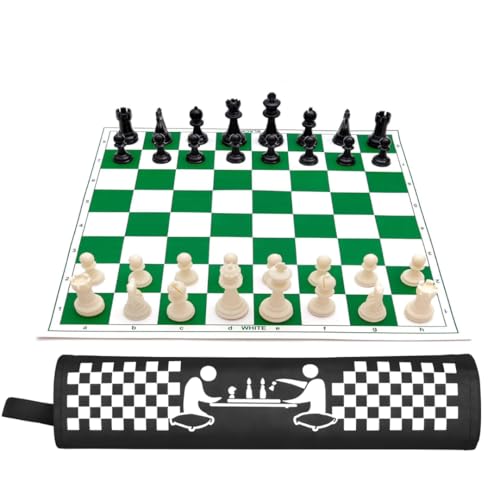 Image of Professional Tournament Chess Set 18 x 18 Inch Vinyl Foldable Chess Board | Weighted Plastic Pieces with 2 Extra Queens with Carry Bag | Travel Friendly Chess Game - Green