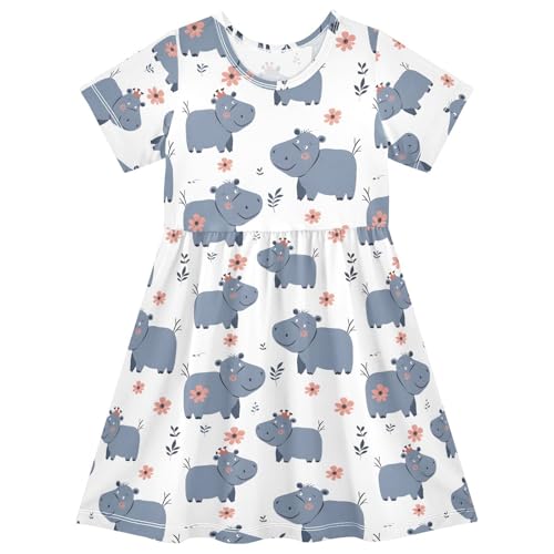 ALAZA Animal Hippo Flower Toddler Girls Dress Short Sleeve A-line Dress 2-8 Years