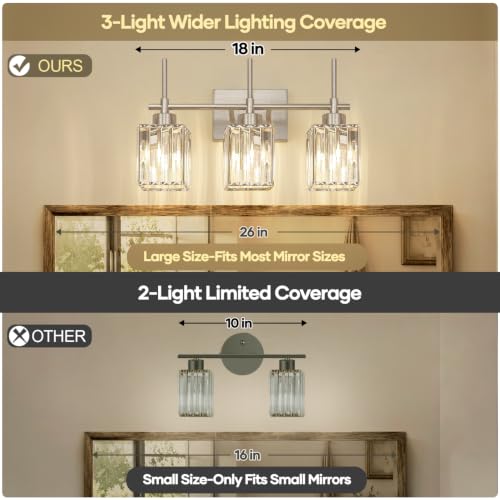 Image of Torondo Modern Crystal Bathroom Vanity Light 3-Light Brushed Nickel Bathroom Light Fixtures Over Mirror Vanity Lighting Fixtures Square Shade Wall Sconce (Bulbs Not Include)