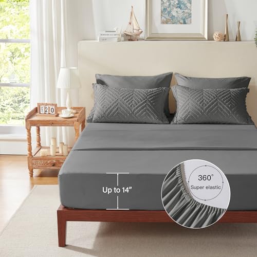 Image of Zzlpp Full Comforter Set 7 Pieces, Dark Grey Tufted Bed in a Bag with Comforter and Sheets, All Season Boho Bedding Sets with Comforter, 2 Pillow Shams, 2 Pillowcases, 1 Flat Sheet, 1 Fitted Sheet