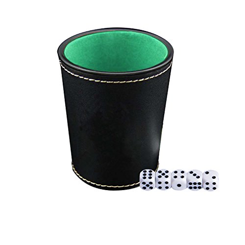 Magic Vosom Leather Dice Cup Matching White Pearl and Black 5 Dice Green Velvet Interior for Quiet Shaking Use for Liars Dice Farkle Yahtzee Board Games Green Black