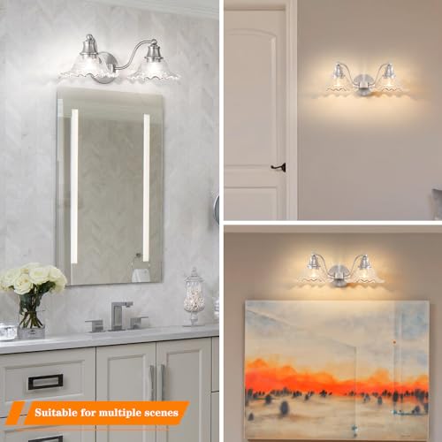 Image of Brushed Nickel Bathroom Vanity Light Fixture Vintage, E26 Easy Mounted | Vanity Light with Flower Glass Shades, 18 inch Wide Bathroom Lighting Over Mirror, Easy Mounted for Bathroom, Bedroom, Hallway
