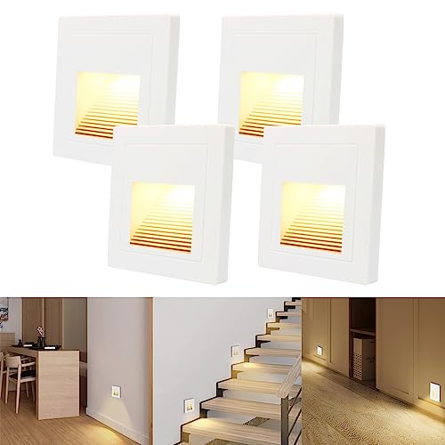 4er LED Treppenlicht/Treppenbeleuchtung für innen Arotelicht Warmweiß 3000K Wandeinbauleuchte Treppenleuchte für 60mm Schalterdosen Stufenlicht Beleuchtung, 85 x 85mm, eckig für Treppen Schritte, Weiß