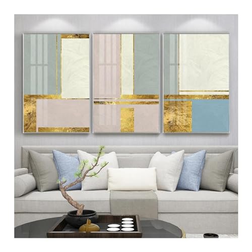 Peinture sur toile abstraite blanc et or grand format 3 pièces salon