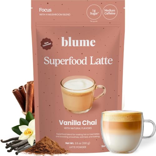 Image of Blume Superfoods Latte - Vanilla Chai Blend with Black Tea, Cardamon, Cinnamon, Low-Caffeine, Low-Sugar, Organic, Keto Friendly, Vegan, Mushroom Blend- 25 Servings