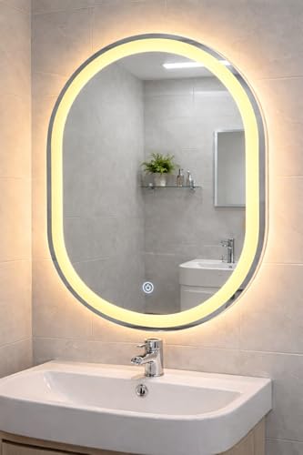 Image of SANIF Bathroom Wall Capsule 18x24 Inch LED Mirror with Light Touch Sensor (Warm, White, and Natural) with Adjustable Brightness