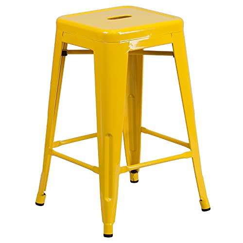 Emma + Oliver Commercial Grade 24" H Backless Yellow Metal Indoor-Outdoor Counter Height Stool #TOP2