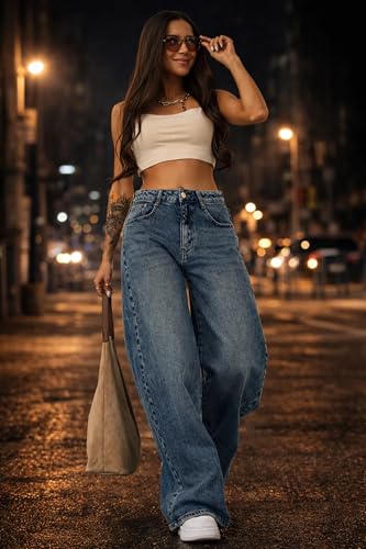 Image of KOTTY Women's Wide Leg Denim Jeans | Loose Fit High Rise Baggy Style Jeans for Women
