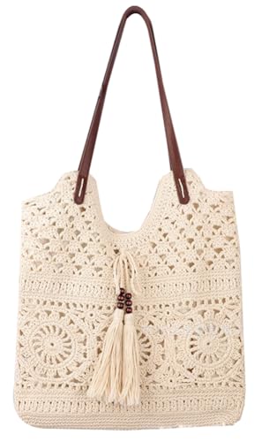 Boho Crochet Summer Handbag Handmade Cotton Rope Knit Shoulder Bags for Women Bohemia Tote for Travel Straw Hobo Bag