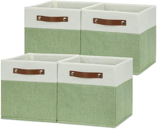 Image of HNZIGE Fabric 11x11 Cube Storage Bins, Set of 4, Foldable Storage Cube Bin Baskets for Shelves with Handles, Bins for Cube Organizer Home Toy Nursery Closet(Green White)