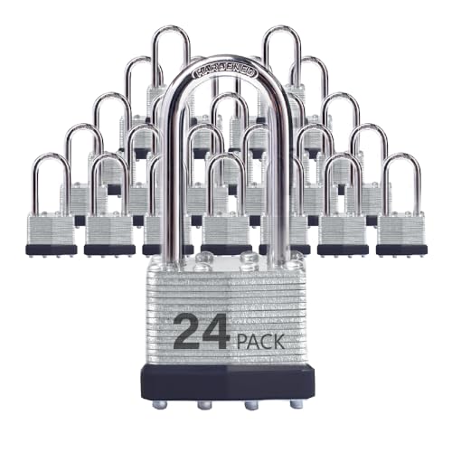 Image of Keyed Alike Laminated Steel Padlocks with Long Shackle for Sheds, Fences & Lockers (24-Pack)