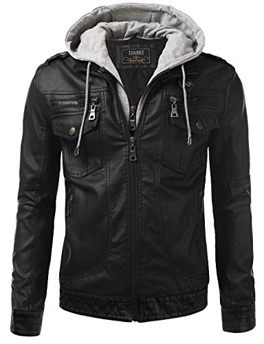IDARBI Men's Premium Leather Motorcycle Bomber Jacket with Detachable Hood Black Medium