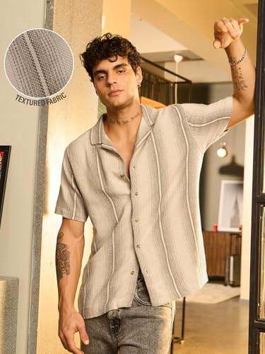 Image of The Souled Store Stripes: Men and Boys Long Sleeve Collared Neck Button Down Cotton Textured Shirts for Men