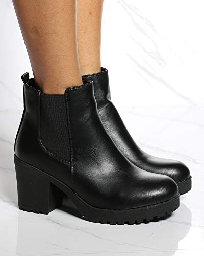 REFRESH Womens Side Elastic Zipper Lug Sole Bootie,Black,84