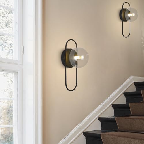 Image of Mid Century Modern Black Wall Sconce Bubble Glass Globe Wall Sconces Lighting Small Vintage Bathroom Vanity Light Fixtures for Bedroom Hallway