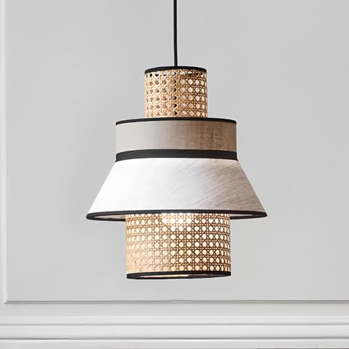 Image of AKWAY Rattan Hanging Lamp for Living Room | Cane Pendant Light | Wicker Ceiling Light | Stylish Boho Pendant Light for Bedroom, Hallway, Office, and Home Decor | Adley Collection 30cm Dia