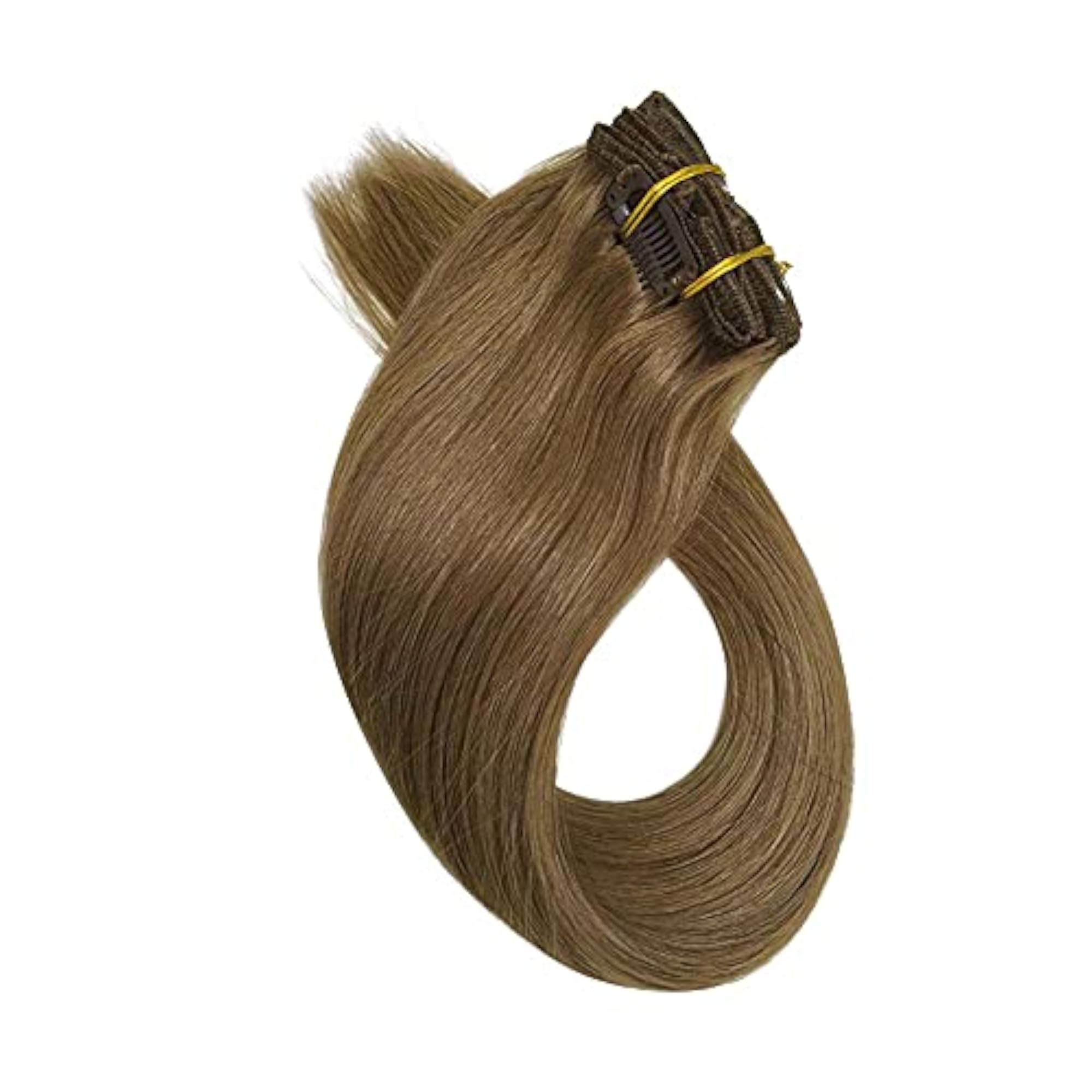 Human Hair Extensions Clip in, Light Brown, 7 Pieces, 70 Gram