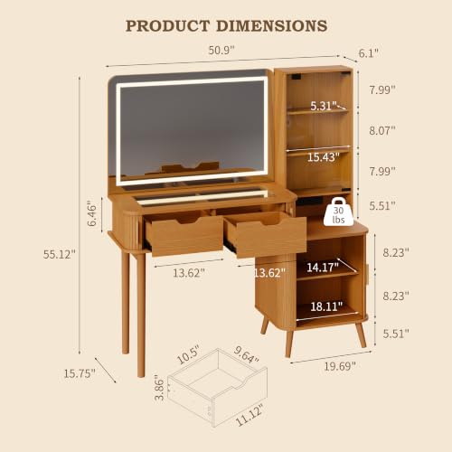 Image of 51 inch Fluted Makeup Vanity Desk with 4 Drawers & Adjustable Shelves,Dressing Table with Mirror and Lights, Large Vanity with Glass Top and Power Outlet for Bedroom (Yellow Walnut)