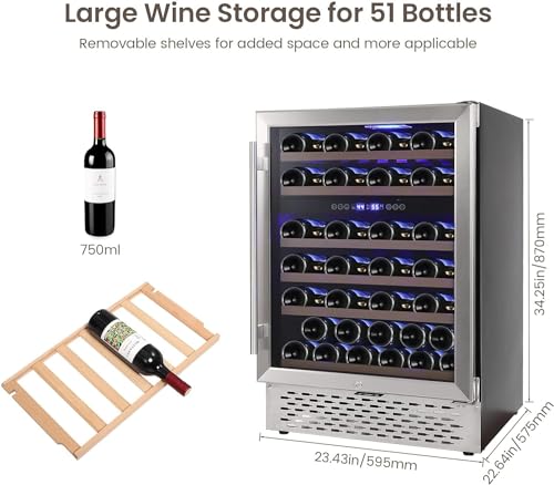 GarveeHome 51 Bottle Wine Cooler Upgraded, Dual Zone 24" Wine Fridge Cooler, Seamless Stainless Steel Design, Digital Temperature Control, Built-in or Freestanding, Glass Door, Quiet Compressor