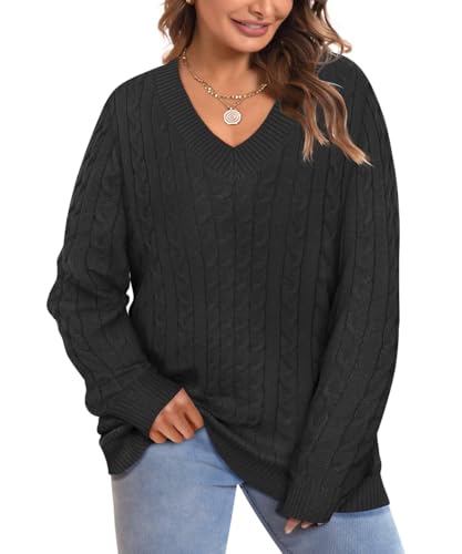 Image of CARCOS Plus Size Sweaters for Curvy Women Long Sleeve Cable V Neck Sweater Knit Pullover Preppy Style Fall Winter XL-5XL