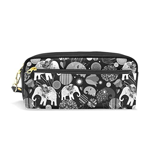 Batik astuccio con motivo a e con silhouette di elefante per matite penne pennarelli articoli di cancelleria per scuola e ufficio pelle sintetica bianco nero