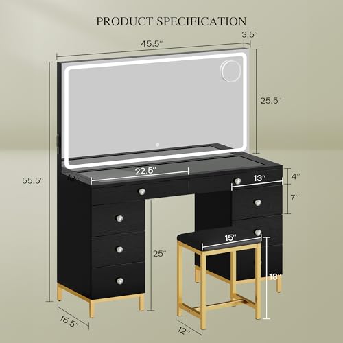 DWVO Vanity Desk with Lights and Stool, Power Outlet, 9 Drawers Makeup Table, Large LED Mirror with 3 Color Lighting Modes, for Bedroom and Dressing Room, Dark Black