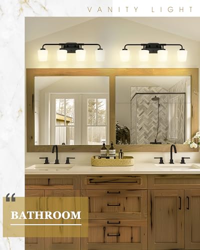 Image of 4-Light Black Bathroom Light Fixtures Over Mirror, White Glass | Vanity Lighting Fixtures with Milk White Glass, Vintage Farmhouse Wall Sconces Lighting, AD-22004-4W-BK