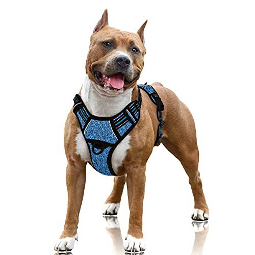 BARKBAY No Pull Dog Harness Large Reflective Dog Harness with Front Clip and Easy Control Handle for Walking Training Running with ID tag Pocket(Blue/Black,L)
