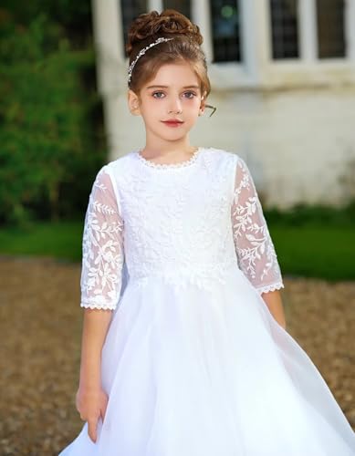 Tulle Flower Girl Dresses for Wedding Half Sleeve Lace Appliques First Communion Dresses for Girls4
