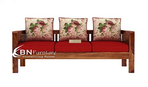 Image of BN Furniture Solid Sheesham Wood Sofa Set 6,5,3&2 Seater Cushioned Back for Living Room Stylish, Durable & Comfortable for Home, Office, Hall, Guest Room (red Cushion 3 Seater, 3 Seater)