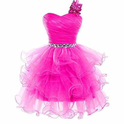 CharmingBridal One Shoulder Puffy Homecoming Dress Cocktail Party Prom Dresses Hot Pink