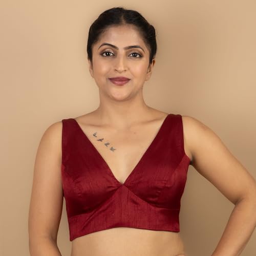 Image of FIGURE'S DESIGNER Women's Dupion Raw Silk Sleeveless V Neck Sabyasachi Cut Readymade Saree Blouse Padded Stitched S4