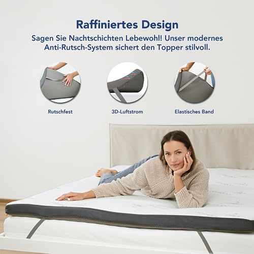 MKS.® Gel Topper 160x200 cm, H3 Matratzentopper mit 7 cm Gel-Memory-Schaum, KomfortKissen Matratzenauflage mit 3D-Luftstrom, Viskoelastische Matratzenauflagen mit abnehmbarem Bambusbezug