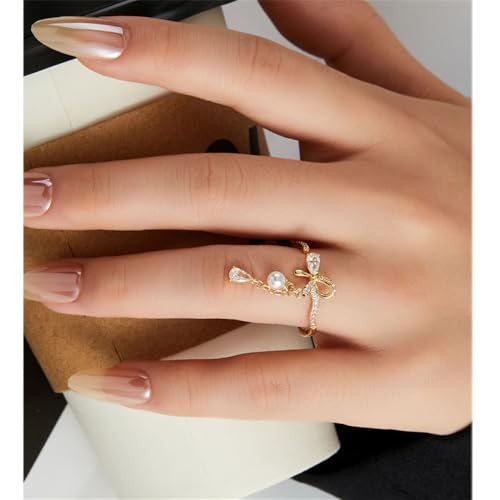 Cubic Zirconia Bow Open Ring Pearl Teardrop Tassel Dangle Adjustable Sweet Ribbon Knot Wrap Finger Band Engagement Promsie Rings for Women Christmas Jewelry3